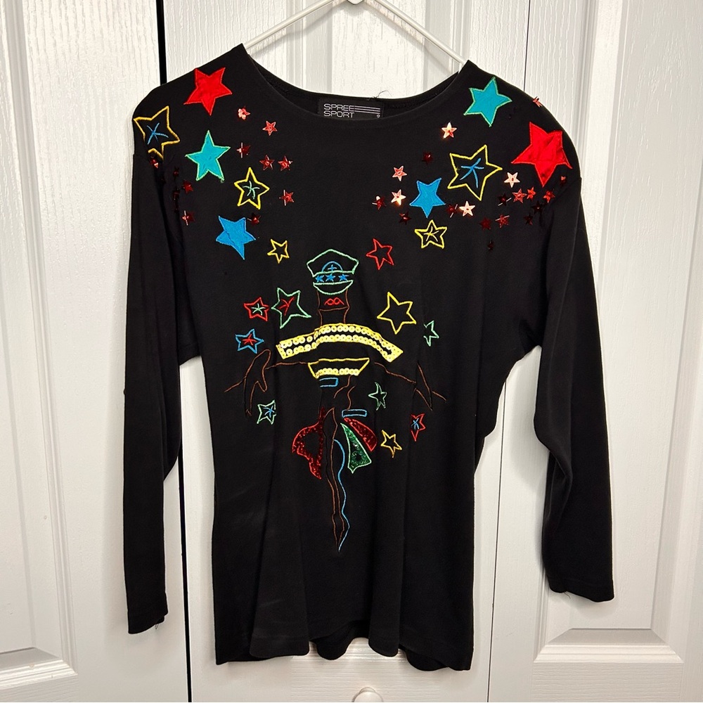 Vintage‎ Spree Sweater Womens S Black Sequins Embroidered Cotton Shoulder Pads